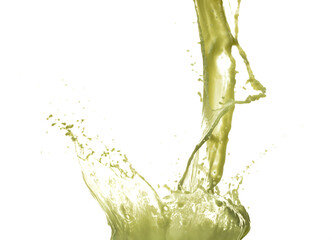 Matcha Green Tea Juice pouring and splash as crown water. Vegetable juice explode bubble splash in...
