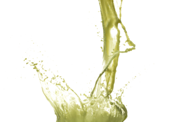 Matcha Green Tea Juice pouring and splash as crown water. Vegetable juice explode bubble splash in mid air. Matcha milk green tea liquid element water. White background isolated photography