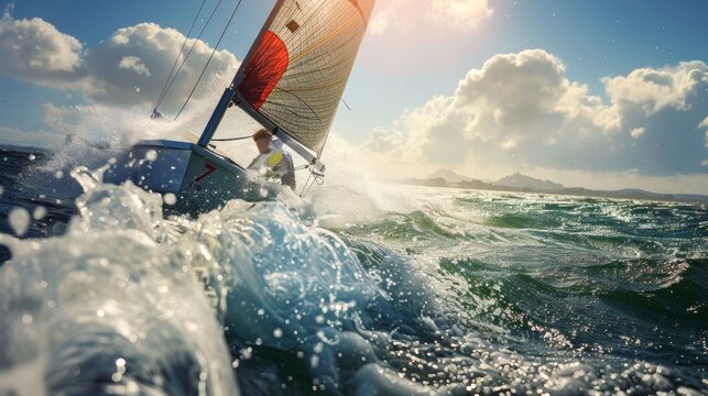 British Sailor Racing in Finn Class Amidst Vibrant Waves