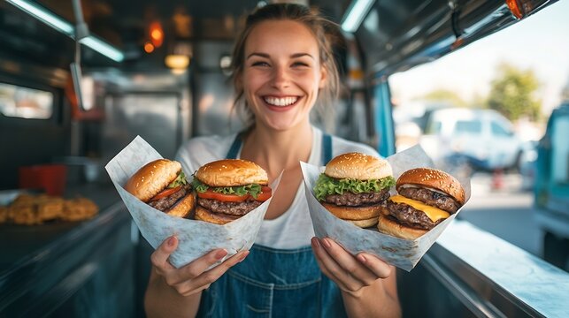 Smiling woman in a food truck holding out delicious burgers wrapped in paper exuding enthusiasm and friendliness : Generative AI