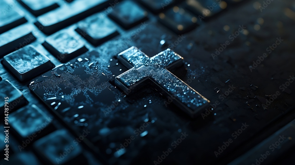 Sticker keyboard of a computer with a cross on it conceptual photography : generative ai