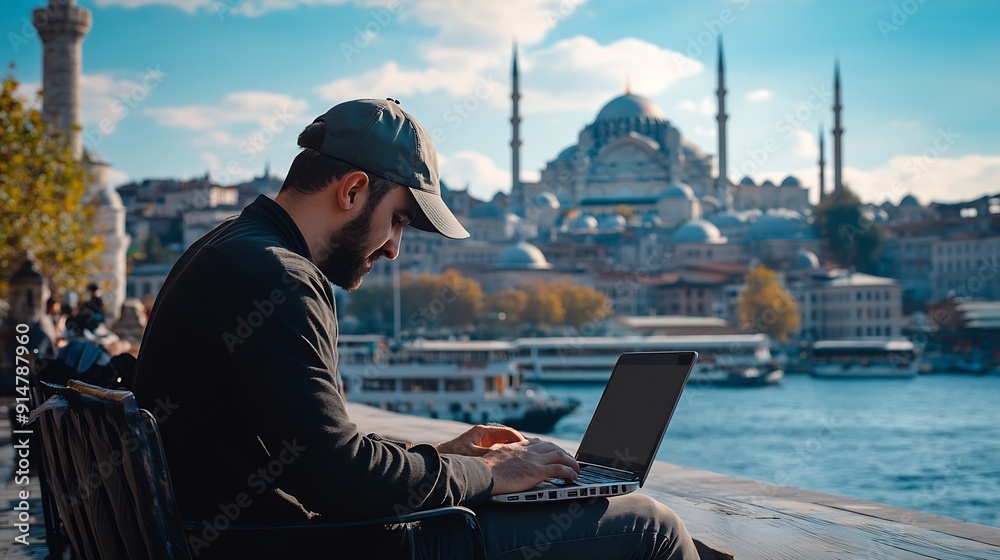 Aufkleber man laptop and digital nomad for agency on internet for travel adventure or location in istanbul mal