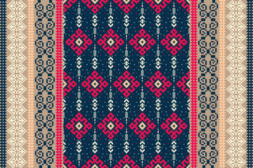 Cross Stitch pattern with Floral Designs. Traditional cross stitch needlework. Geometric Ethnic pattern, Embroidery, Textile ornamentation, fabric, Hand stitched pattern, Cultural stitching pixel art.