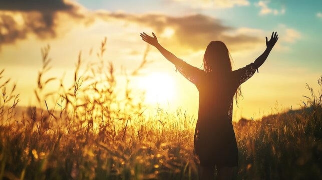 Woman raising his hands in worship Christian Religion concept Silhouette woman on sunrise background Christian female prayers to God in faith Women raise hands in praise with faith and : Generative AI