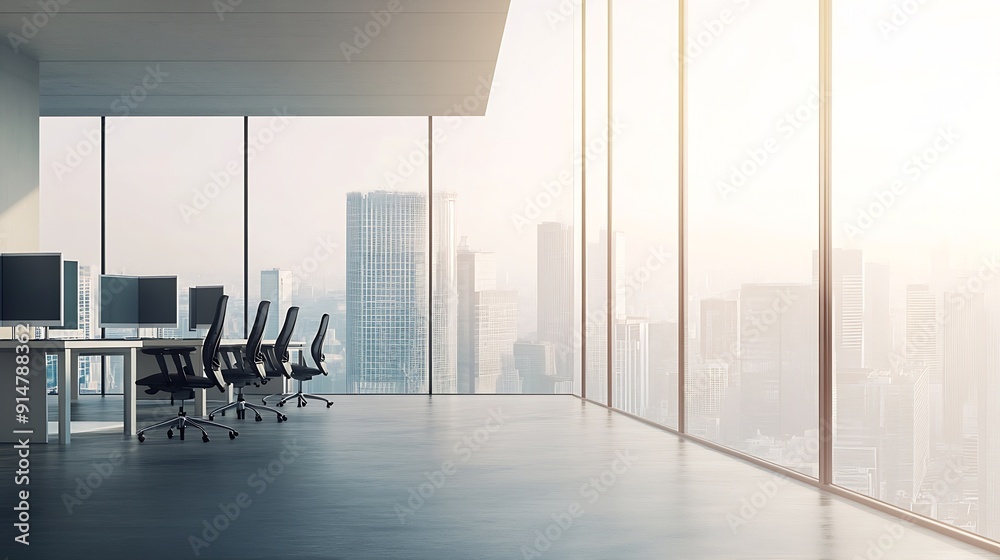 Aufkleber a modern openplan office space filled with natural light from large windows that offer a view of the cityscape The office features a clean minimalistic design with  chairs and computer : Generative AI
