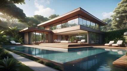 Fototapeta premium A modern villa set against a backdrop of lush greenery and a crystal clear pool.photorealistic home exterior design 