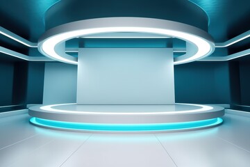Futuristic interior with white podium, blue light, and blank wall.