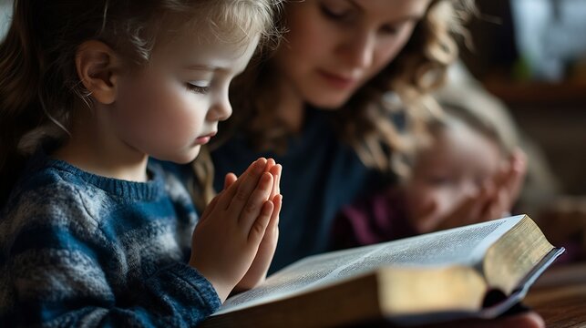 Bible hands or mom praying with children siblings for prayer support or hope together in Christianity Kids education family worship or woman studying reading book or learning God in re : Generative AI
