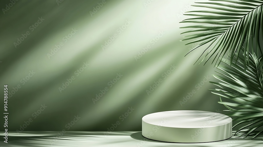 Poster Minimal abstract background for the presentation of a cosmetic product Empty premium podium with a shadow of tropical palm leaves on a green background Showcase display case : Generative AI