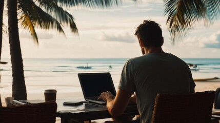 Man working from hotel at the beach Concept for digital nomad work from anywhere work and travel : Generative AI