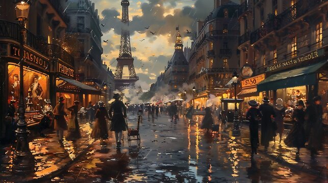 Parisian Street Scene in the Rain