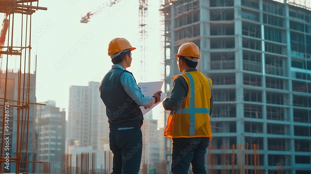 Fototapete Civil engineer with personal safety equipment checking and consult with construction site foreman technician for inspect building construct process during follow up process Engineering : Generative AI