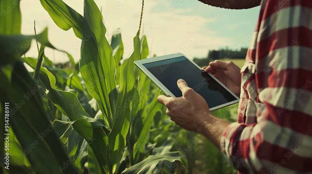 Fototapete farmer in corn field using digital tablet for smart farming : generative ai
