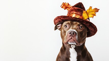 Chocolate Brown and White Large Dog Pit Bull Staffordshire Terrier Looking at Camera with Thanksgiving Turkey Holiday Pilgrim Hat Costume Celebration Cute Funny Isolated on White Backg : Generative AI