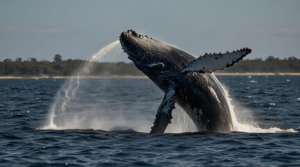 Fototapeta premium Humpback whale splashing in the Pacific Ocean, Alaska, Humpback whale jumping out of the water, AI Generated
