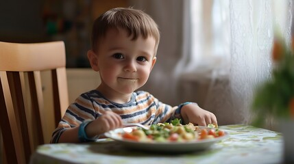 A 2yearold boy eating in the dining room : Generative AI