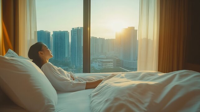 Hotel relaxation on lazy day with Asian woman waking up from good sleep on bed in weekend morning resting in comfort bedroom looking toward city view having happy worklife quality bala : Generative AI