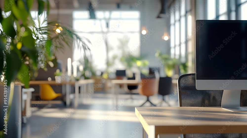 Leinwandbilder Modern open space business office interior without people with blurred bokeh background tables chairs computers  copy space green office concept : Generative AI