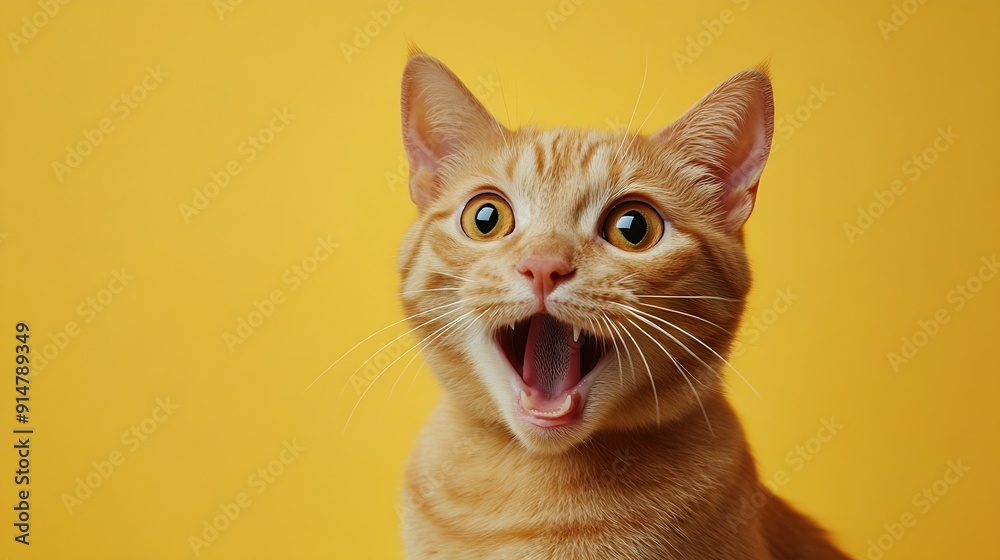 Aufkleber funny ginger cat face isolated on yellow mewing and having widely opened a mouth red pet portrait ho