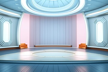 Fototapeta premium Futuristic room with a circular platform and pastel colors.