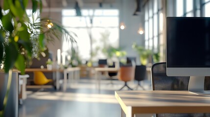 Modern open space business office interior without people with blurred bokeh background tables chairs computers  copy space green office concept : Generative AI