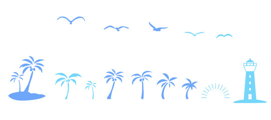 海辺の風景のシルエットイラストのセット　背景イラスト　ヤシの木　灯台