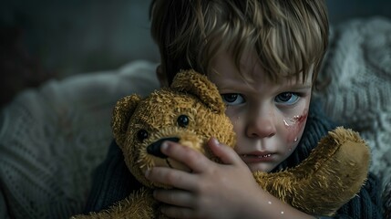 Young Boy Holding a Teddy Bear and Looking Pensive