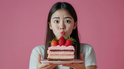 Diet asian young woman girl hand push out refuse eat piece chiffon strawberry layers cake sweet or dessert taste fighting to keep it from getting fat Fast food unhealthy of weight loss : Generative AI