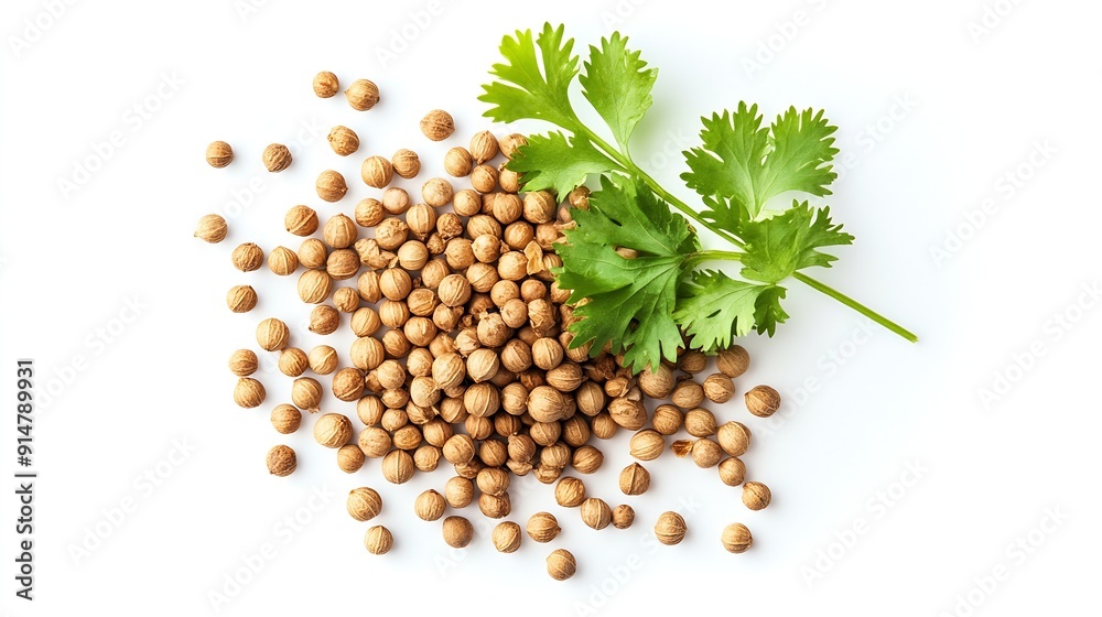 Poster dried coriander seeds with fresh green leaf isolated on white background top view flat lay : generat