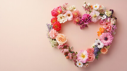 Colorful pink heart shape frame made of various flowers. Wallpaper background photo for copy space.