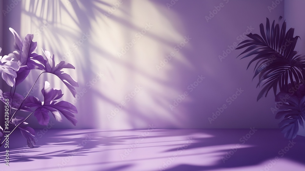 Aufkleber Abstract purple studio background for product presentation Empty room with shadows of window and flowers and palm leaves  3d room with copy space Summer concert Blurred backdrop : Generative AI