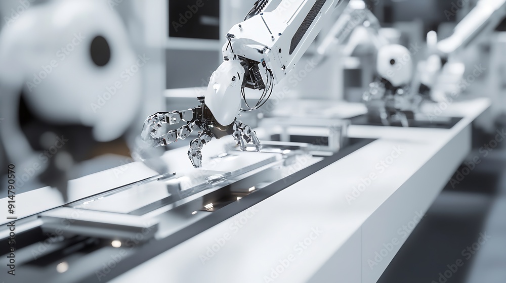 Poster MLP Mechanized industry robot and robotic arms for assembly in factory production Concept of artificial intelligence for industrial revolution and automation manufacturing process : Generative AI