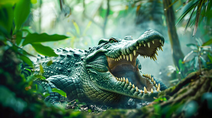 Obraz premium Angry Aggressive Crocodile Attacking and Fighting in Lush Dense Jungle Forest Habitat Fierce Powerful Reptile Predator with Gaping Jaws