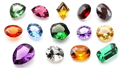 Fotobehang Bright gems onJewel or gems isolated on white background Collection of many different natural gemstones a white backgroundNatural Sapphire gemstone Jewel or gems on black shine color C : Generative AI © The Little Hut