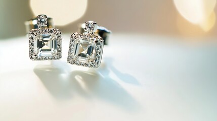 Silver earrings with square shaped white crystals and diamonds isolated on white background Fashionable jewelry : Generative AI