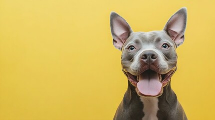 Studio headshot portrait of gray blue smiling pit bull type dog with tongue sticking out against a yellow background : Generative AI