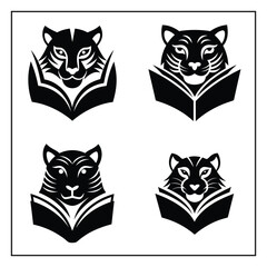 Tiger head reading a book icon logo design vector illustration with white background