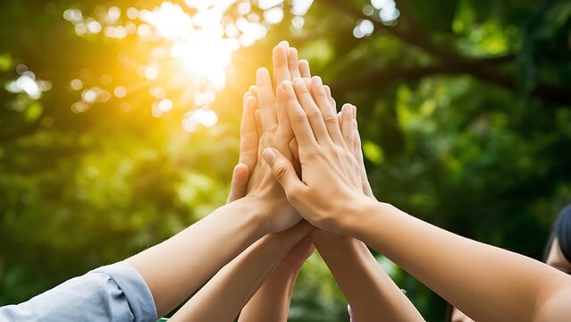 Team High five teamwork working together diverse hands up show power of tag team. Hands of multiethnic diversity people togetherness volunteer. Collaborate business team success concept