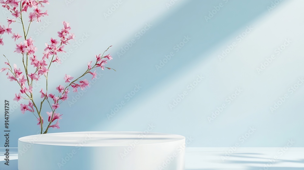 Poster Abstract empty white podium with geometric shadows and pink flowers on blue background Mock up stand for product presentation 3D Render Minimal concept Advertising template : Generative AI