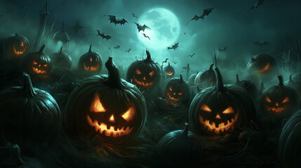 Fototapeta premium Spooky Halloween Pumpkin Patch Under Full Moon – Creepy Jack-O'-Lanterns in the Dark