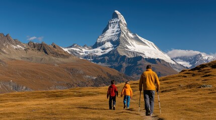 Naklejka premium Alpine Adventure: Family Hiking in Swiss Alps with Snow-Capped Mountains