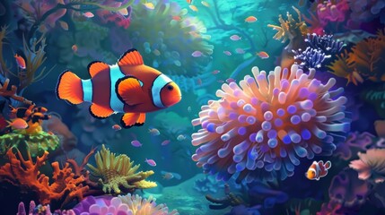 Naklejka premium A Clownfish Swimming Through a Coral Reef