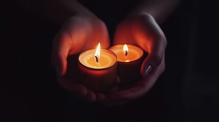 Mourning candles in hands on a dark background : Generative AI