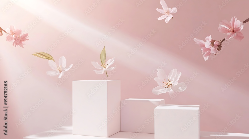 Poster Bright spring mock up for cosmetic and product display with three white square podiums stream of tender flowers flying in sun beam on pastel pink background : Generative AI