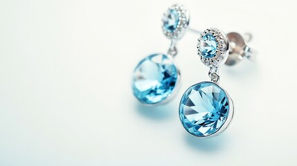 Earrings with round shaped light blue crystals and diamonds isolated on white background Fashionable jewelry : Generative AI