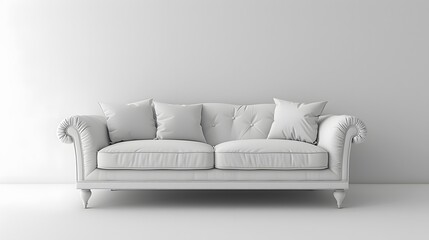 13. A minimalist image with a white background featuring a single minimalist sofa with clean lines, positioned in the center
