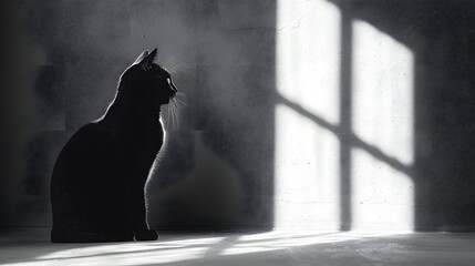 16. A minimalist image with a white background featuring a single black cat silhouette, positioned...