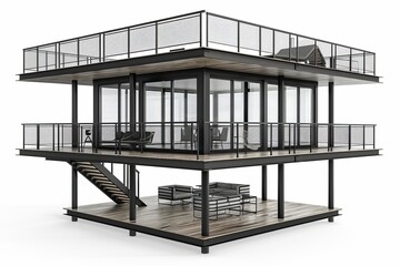 Industrial style house with a bold black framework and transparent elements reflecting a modern minimalist vibe