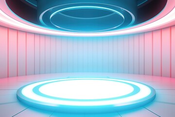Obraz premium Futuristic blue neon stage with glowing circular platform.