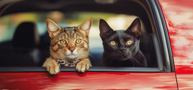 Two Curious Cats Peering Out The Window of a Red Vehicle on a Sunny Day
